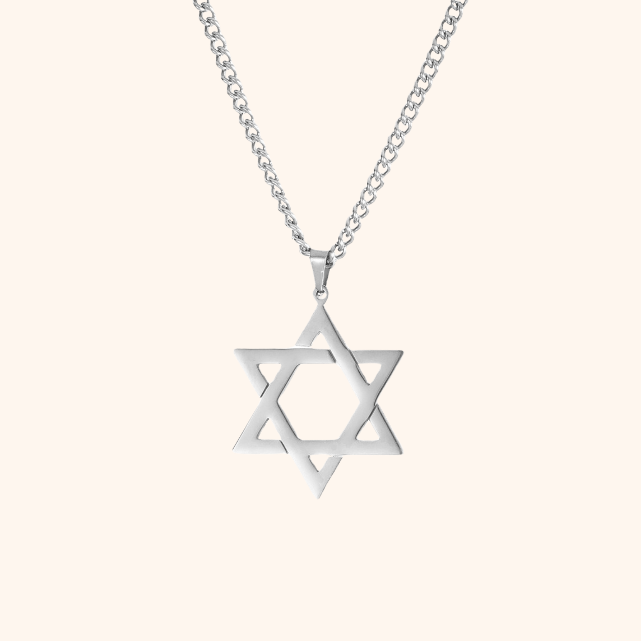 Silver Star of David necklace on polished stainless steel chain